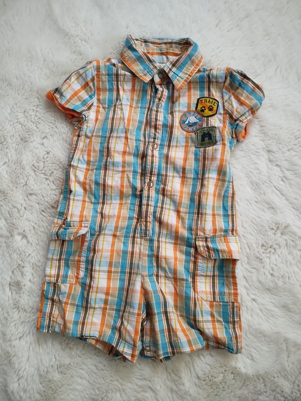 Koala Kids Orange, Teal & Brown Plaid Short-Sleeve Romper
